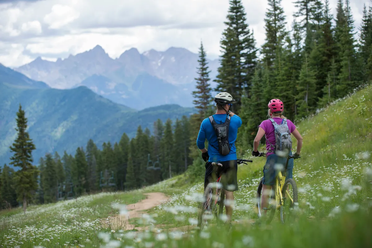 This image captures adventurous mountain bikers riding through a vibrant alpine landscape, with wildflowers in bloom and rolling mountain peaks in the background. The expansive view immerses the viewer in the beauty and energy of outdoor exploration.